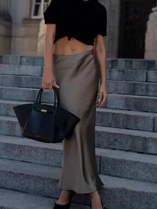 HH 2024 Y2K Casual Women Long Skirt Spring Elastic High Waisted A-Line Casual Female Satin Skirts High Street Lady Skirts