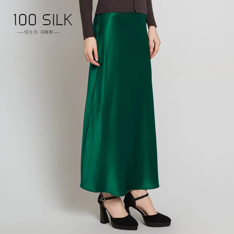 BirdTree, 22MM 100%Real Silk Elegant Skirt, Women Elastic Waist Satin, High Quality Fashion Skirt, 2024 Summer Fall B47024QM