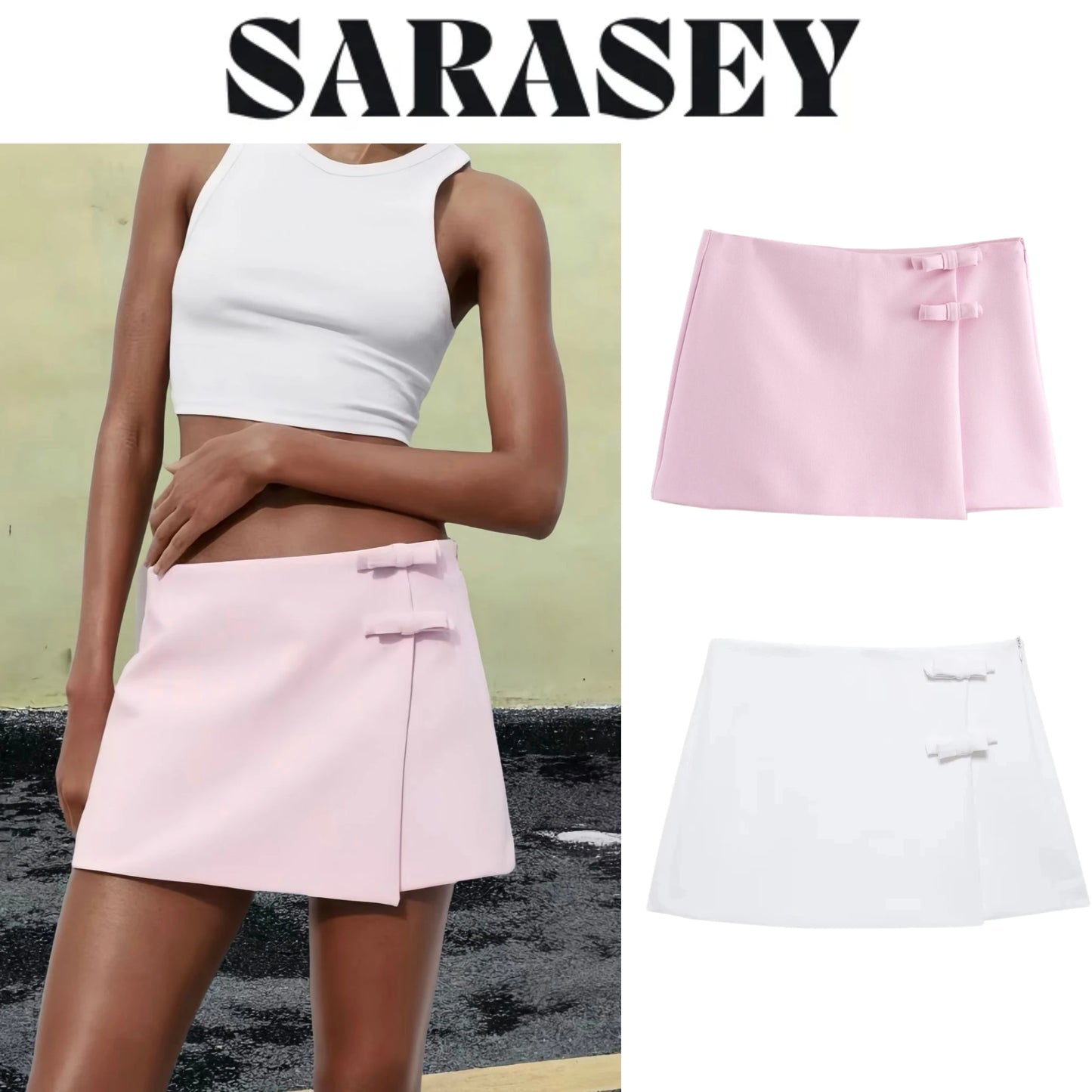 2025 Y2K Asymmetric Cyber Pink Low-Rise Skirt  Bralette Combo Fade-Resistant Streetwear + Crystal White Version