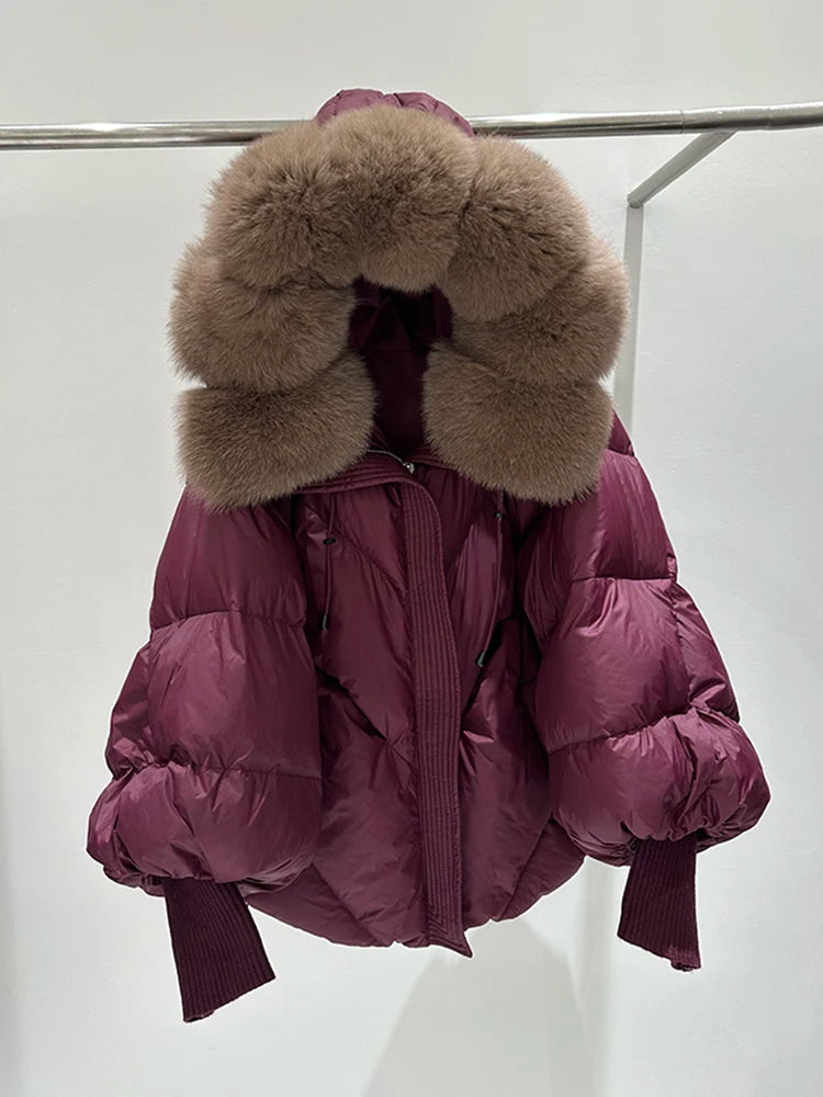 Winter Hooded Natural Large Fur Collar Down Jacket Female Warm Quilted Lantern Sleeve Jacket Women White Duck Down Solid Outwear