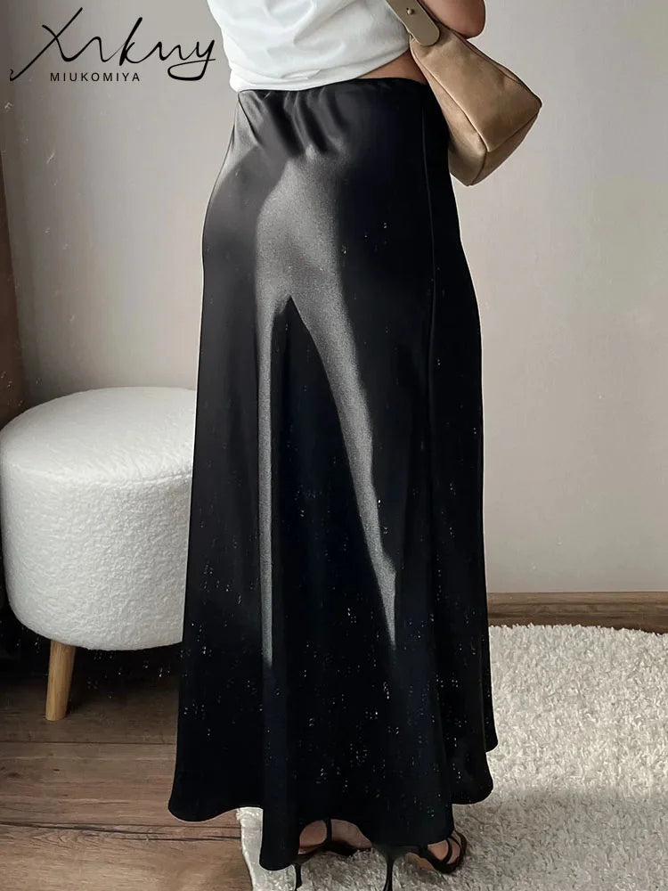 High Waist Long Satin Skirts For Women Spring 2025 Black High Quality Women's Drawstring Gray Satin Long Skirt Mermaid Beige