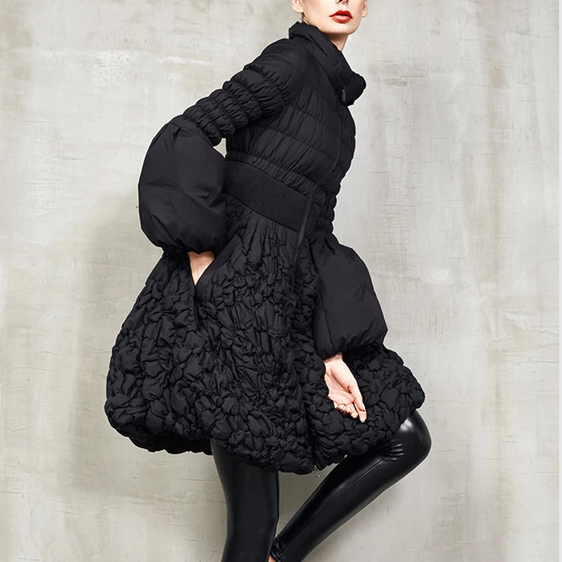 LANMREM Fashion Pleated Design Down Coat For Women Stand Collar Long Sleeves Slim A-line Black Clothing 2025 Winter New 2VV229