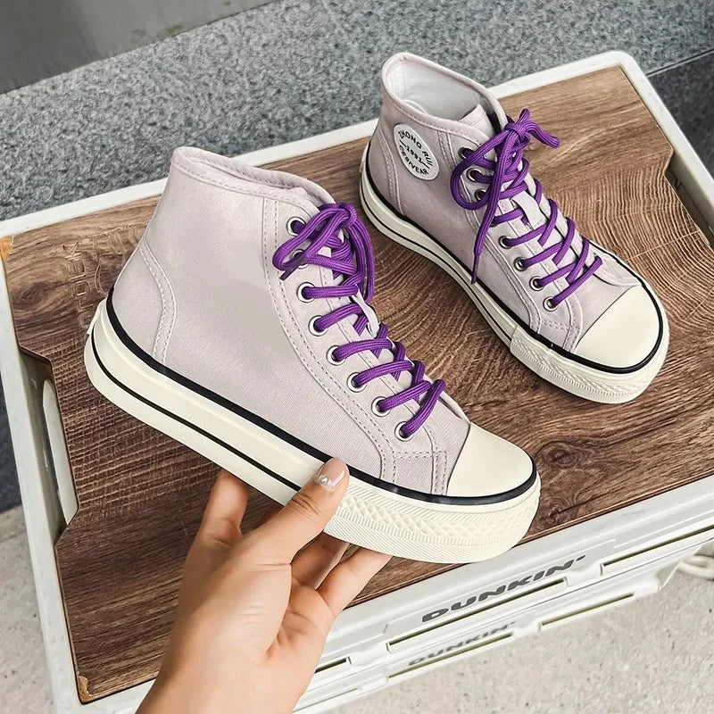 High-Top Round-Toe Low-Profile Canvas Shoes Women's Spring Summer New Style Breathable Thin-Material Flat Heel Board Shoes