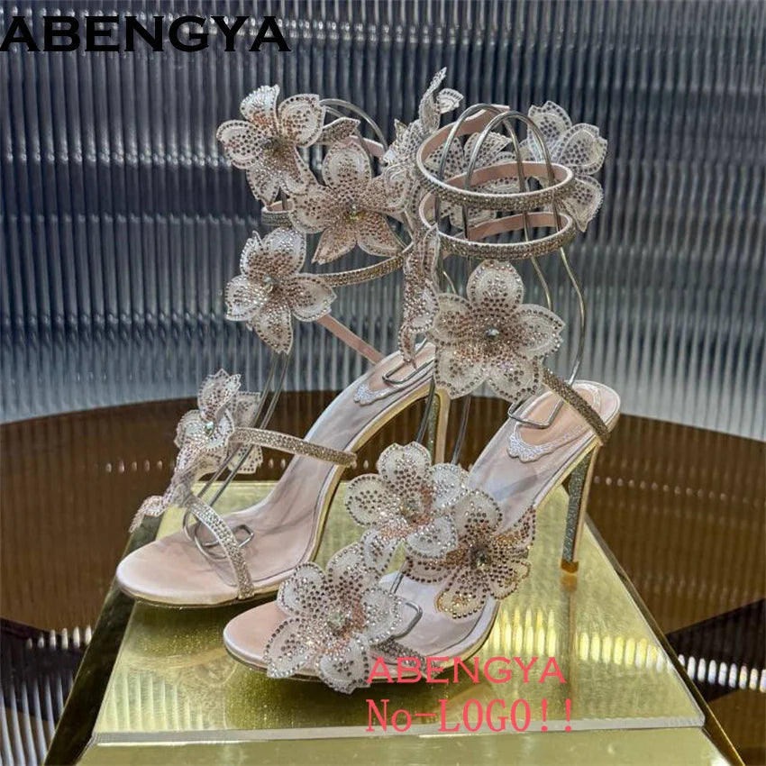 2025 Summer High Heels Sandals Women Crystal Flower Snake Strap Stilettos Party Shoes Shinny Female Sandalias Mujer