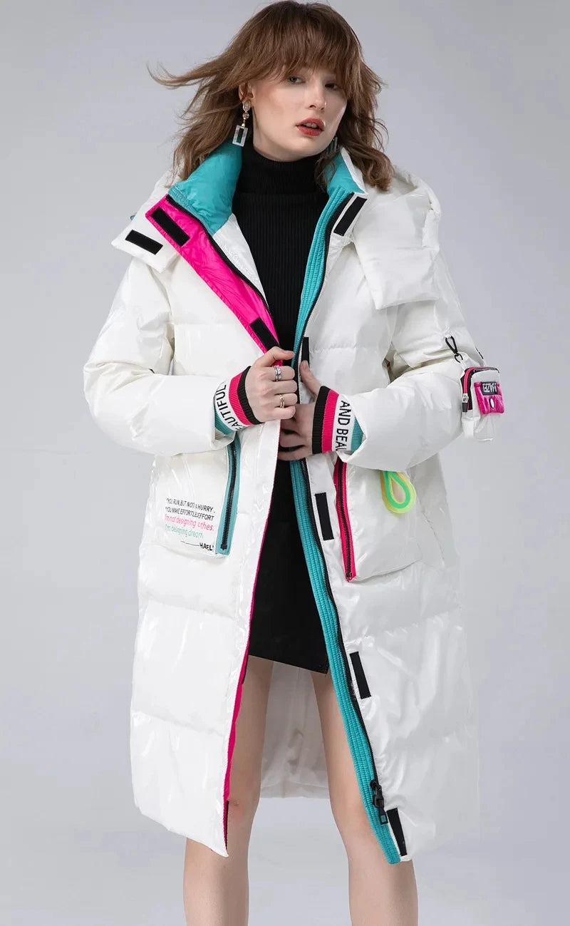 Winter Long Glossy Waterproof Hooded Down Jacket Female Warm Parka Down Outwears Women White Duck Down Knee Length Down Jacket