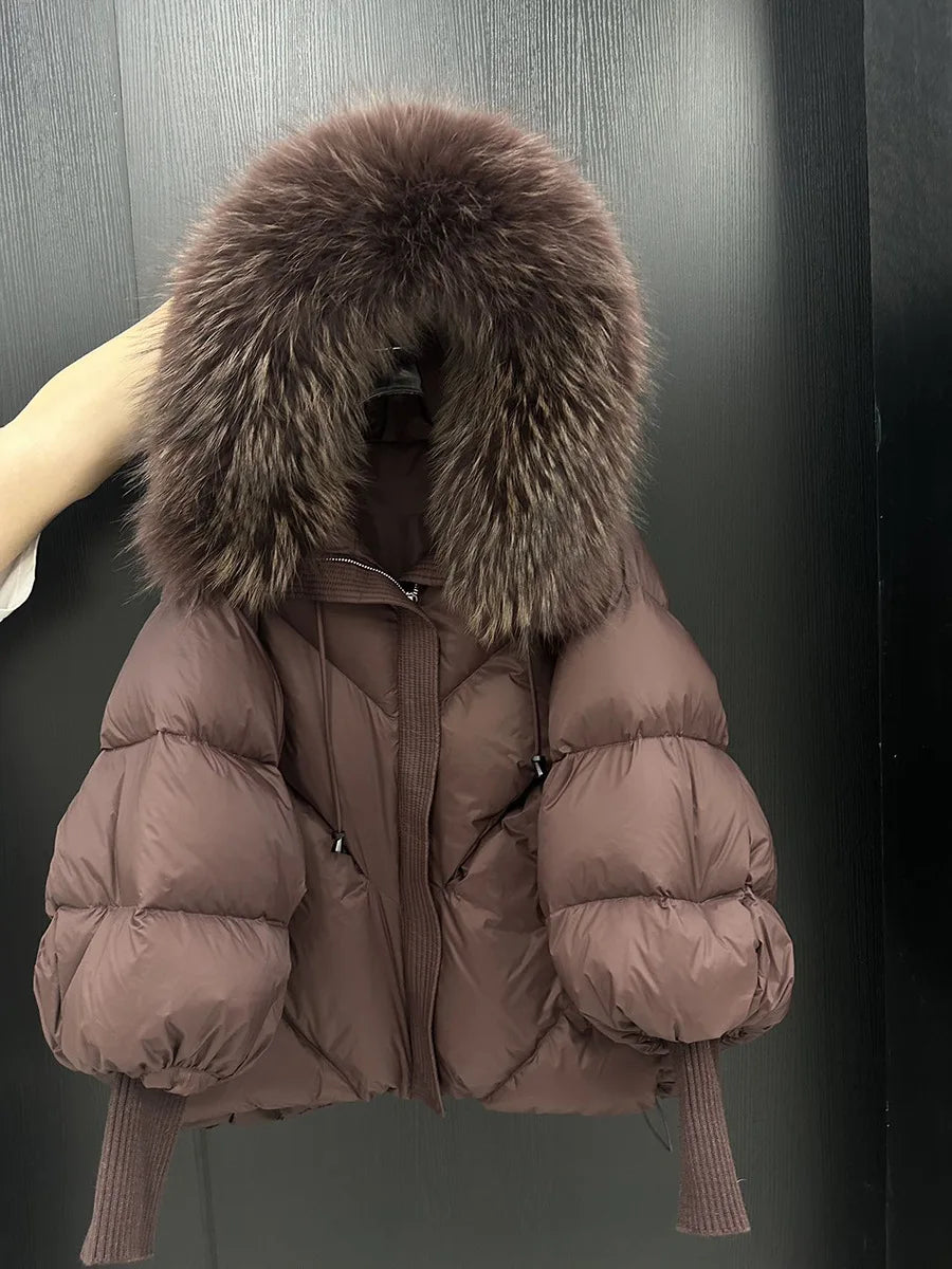 Winter Natural Large Fur Collar Hooded Down Jacket Female Lantern Sleeve Warm Quilted Jacket Women Short White Duck Down Outwear