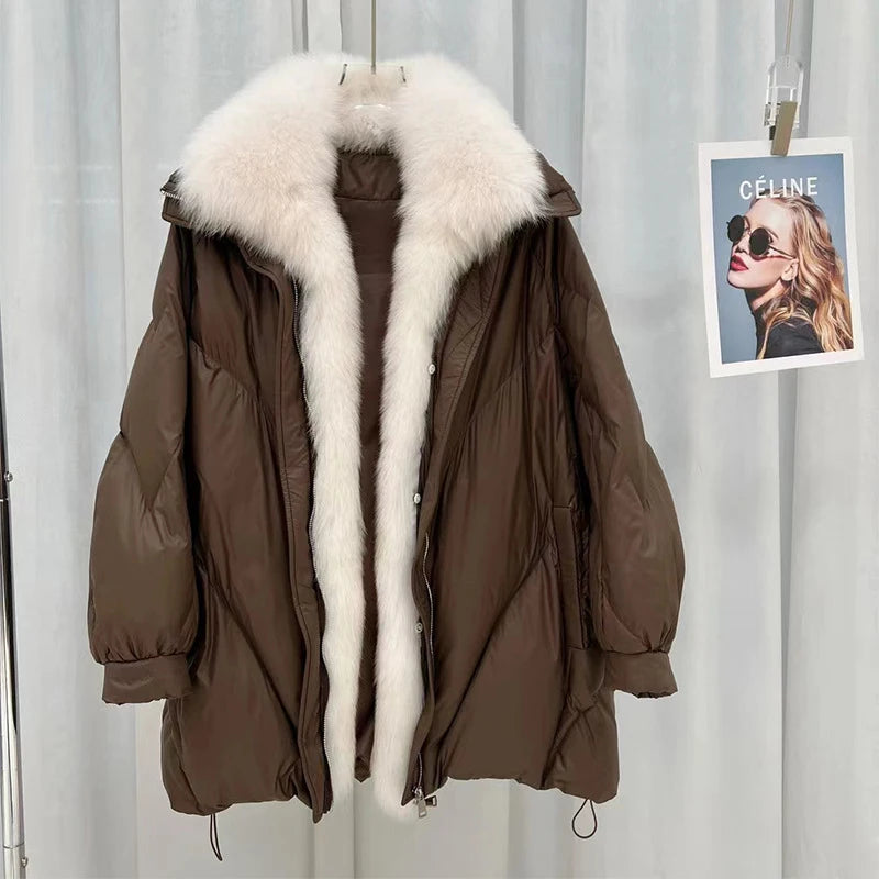 New Autumn Winter Fur Collar Down Jacket Female Loose Width Fur Goose Down Down Jacket For Women Mid Length Winter Parker Coat