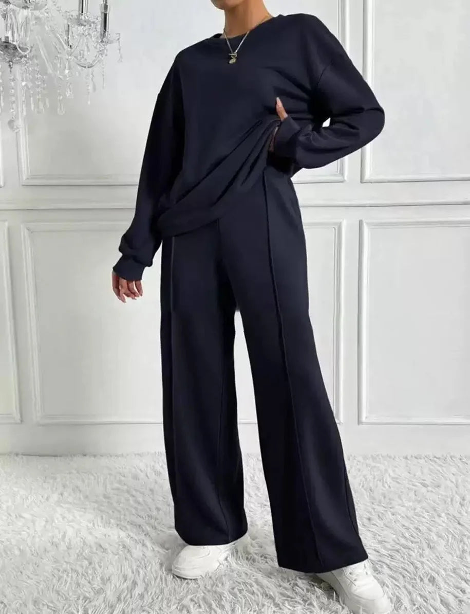 Two-piece Set For Woman Casual O-neck Long Sleeves Sweatshirt Wide-leg Pants Suits Autumn Winter Ladies Fashion Office Outfit