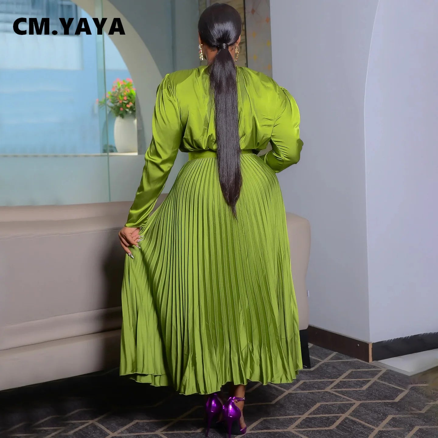 CM.YAYA Plus Size Women's Dress Set Long Sleeve V-neck Blouse and Pleated Maxi Long Skirts Suit Birthday Two 2 Piece Set Outfits