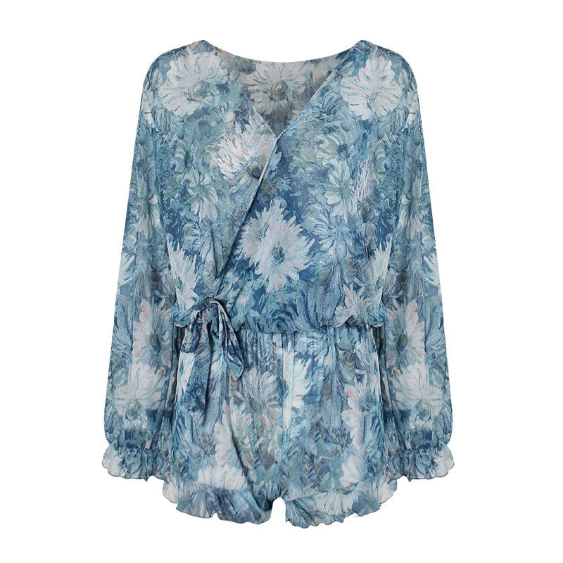 Swimsuit 4 Pieces Bikini Sets Women Swimwear Printed Underwired Mesh Long Sleeve Cover Up High Waist Shorts Headband 2023 New