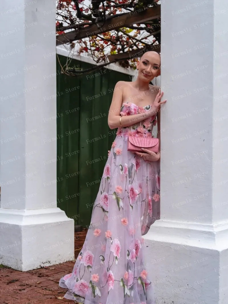 Ethereal Floral Print Gown With Pink Roses On Sheer Fabric Flowing Dress Strapless Design Highlighting Femininity And Grace