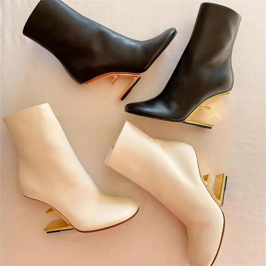 2025 New White Women Letter Strange High Heel Boots Black Wedge Shoes Autumn Winter Leather Short Botas Femininas Ladies Wedges