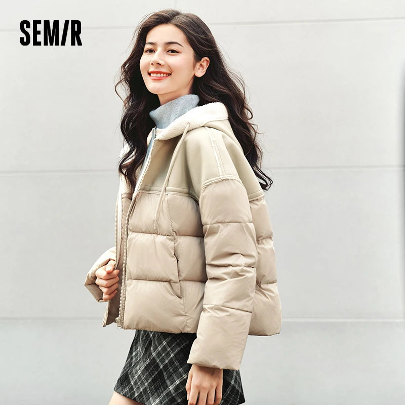 Semir Cotton Jacket Women Patchwork Loose Cotton Jacket Retro 2024 Winter New Furry Hooded Puffer Coat Trendy Cotton Jacket