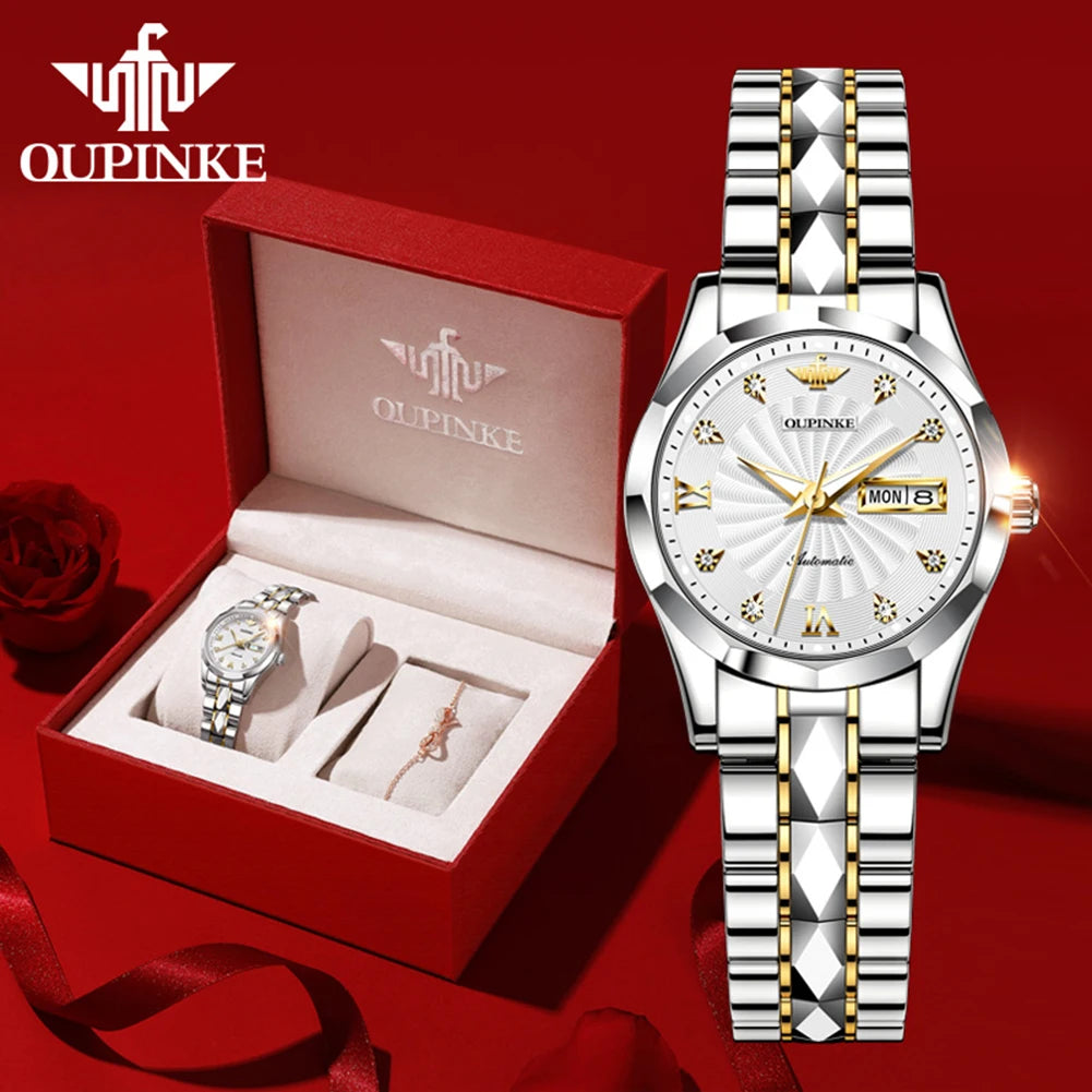 OUPINKE 3169 Women's Mechanical Watch Set Diamond Scale Whirlwind Dial Japan Movement Automatic Wristwatch Elegant Ladies Watch