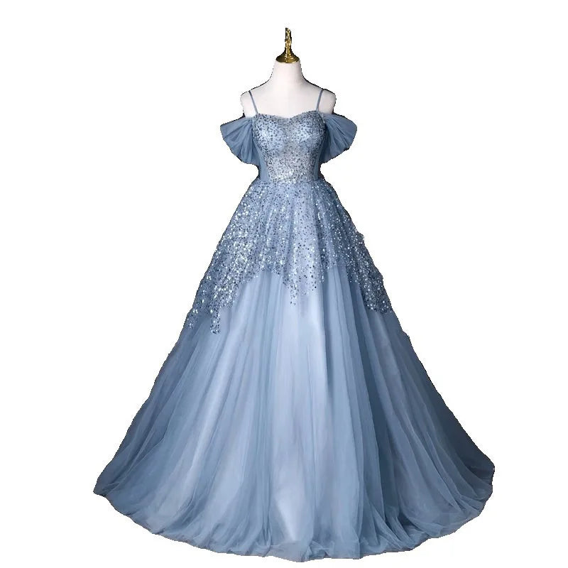 2025 Summer New Women's One Shoulder Sparkling Evening Dress Fashion Annual Meeting Host Long Style Colorful Yarn Dress