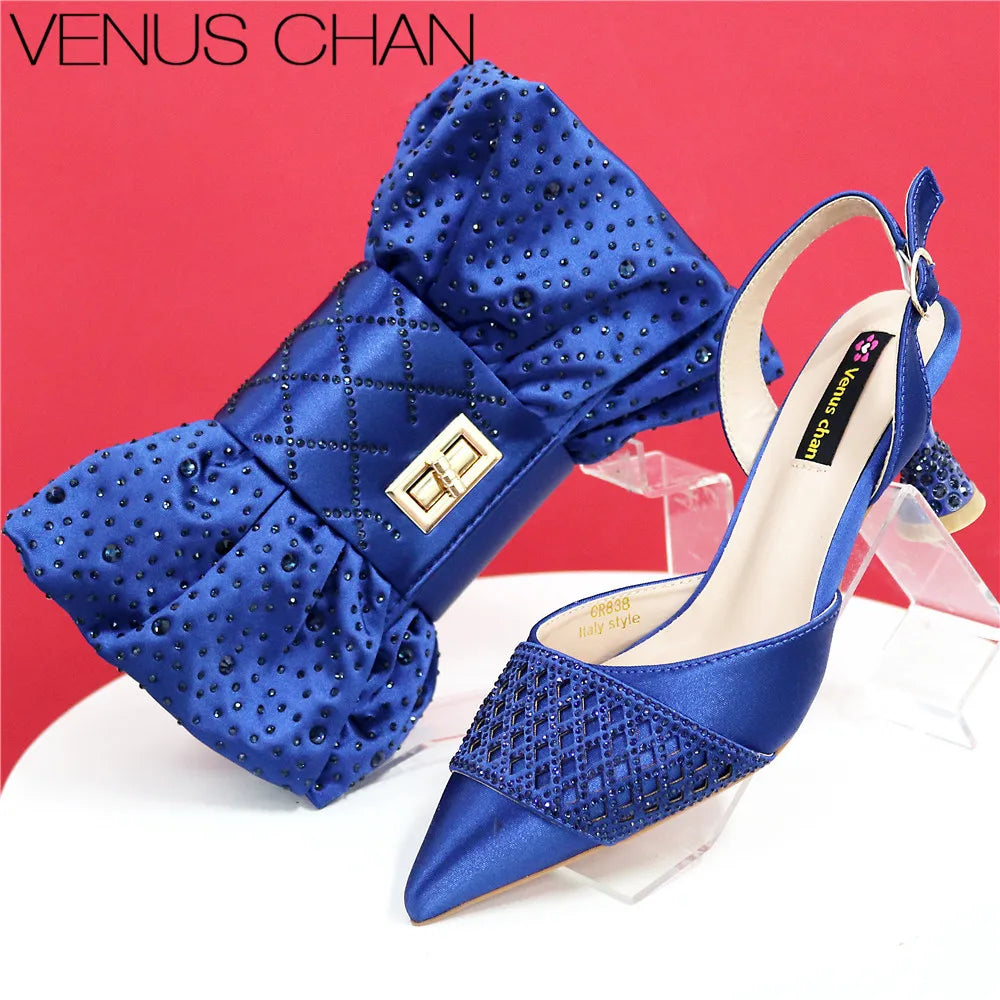 High Quality 2025 Italian Design Embossed Varnish Style Big Diamond Decoration Classic Noble Women Shoes and Bag Set