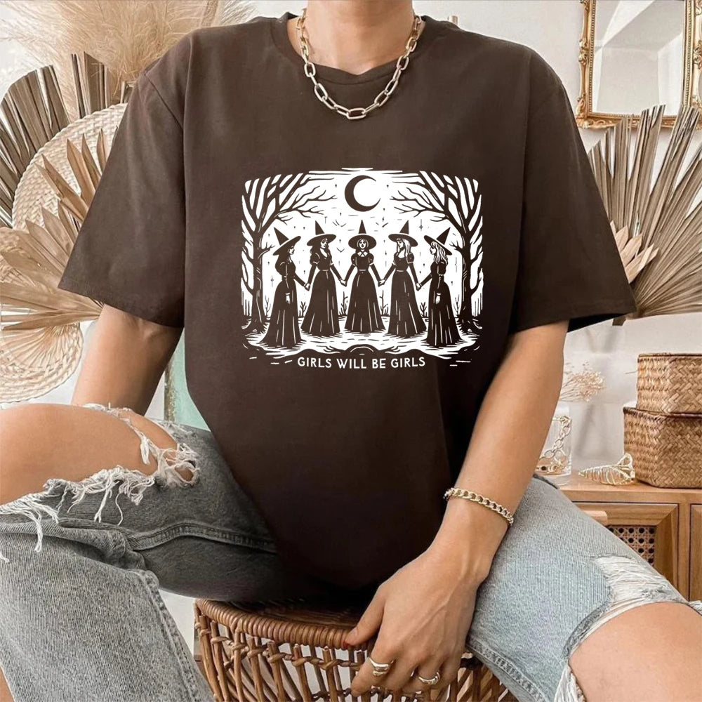 Halloween Witch Shirt Vintage Girls Will Be Girls Witch T-Shirt Women Feminist Tee Ironic Aesthetic Shirts Spooky Season Tops