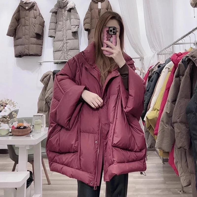 Winter Solid Stand Collar Loose Down Jacket Women White Duck Down Big Pocket Down Jacket Female Chic Warm Zipper Parker Outwears