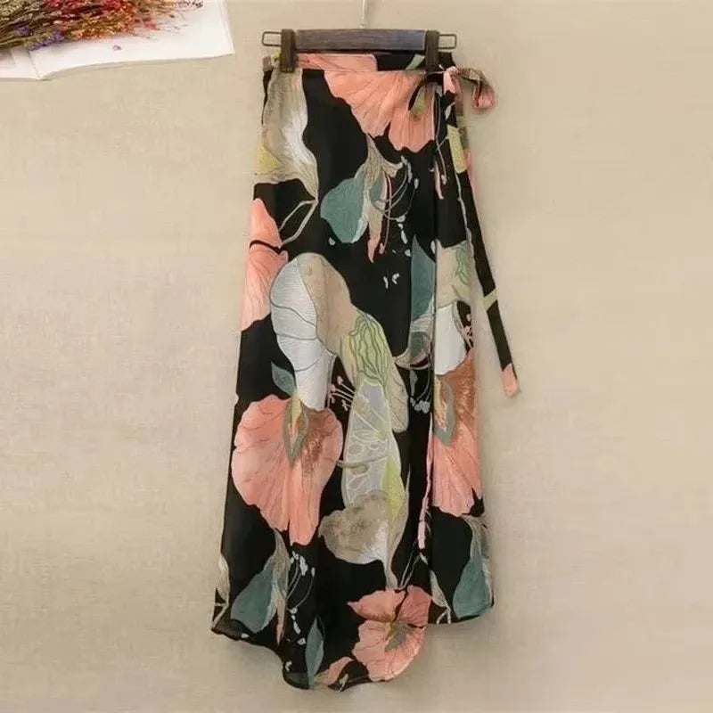 Summer Beach Floral Skirt for Women Cotton High Waist Wrap Maxi Skirt Long with Side Slit & Tie Detail Boho Style Design