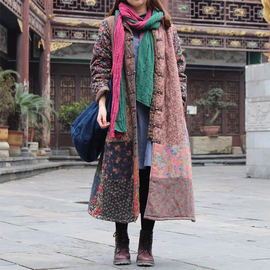 LZJN Women's Winter Single-breasted Cotton Jacket Traditional Chinese Coat Long Patchwork and Cotton Thick Jacket