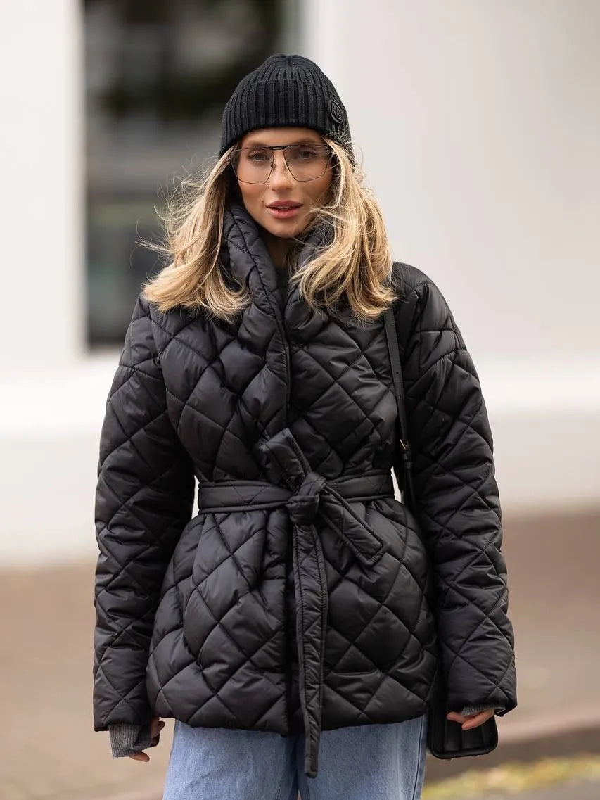 Lace Up Cotton Coat Lady Fashion Casual Stand Collar V-neck Full Sleeve Loose Outerwears Women Winter Daily Commute Street Coats