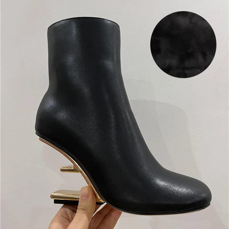 2025 New White Women Letter Strange High Heel Boots Black Wedge Shoes Autumn Winter Leather Short Botas Femininas Ladies Wedges