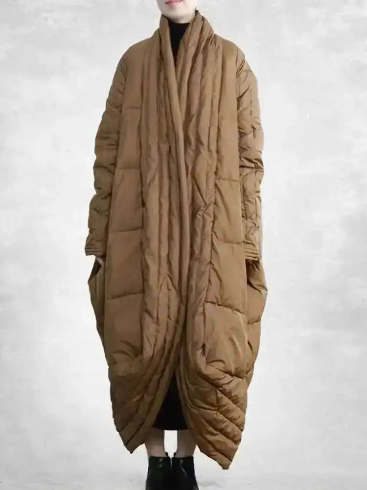 EAM Camel Big Size Thick Warm Long Down Jacket New Long Sleeve Warm Women Parkas Fashion Tide Autumn Winter 2025 31A1074