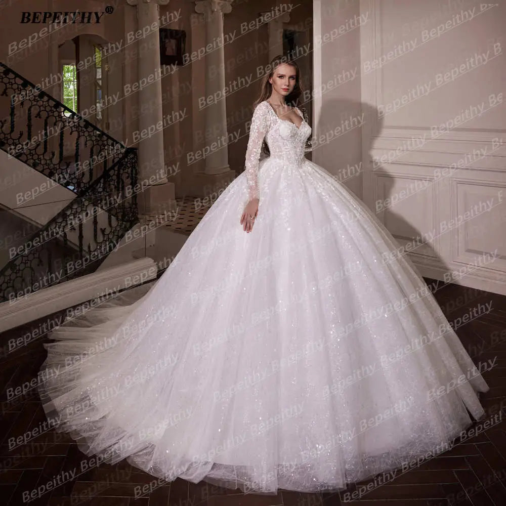 BEPEITHY Customized Princess Glitter Ivory Wedding Dresses Women Full Sleeves Lace Ball Bridal Gown Court Train 2025 Sweetheart