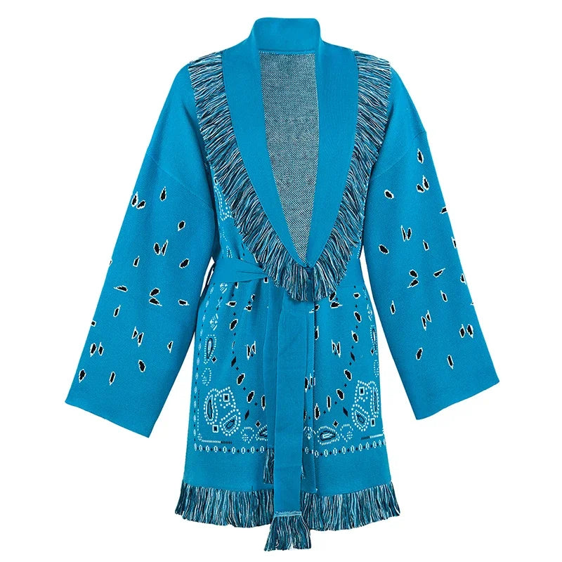 Fashion Lace Up Floral Tassel Patchwork Sweater For Women Elegant Long Sleeve Belt Knitted Cardigan Jacket Lady Chic Street Tops