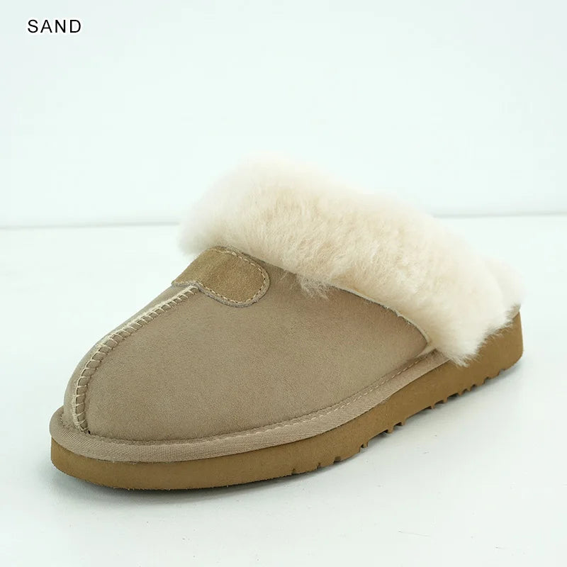 INOE Women Real Sheepskin Suede Leather Natural Wool Sheep Fur Lined Winter Slippers Cazy Loafer Home Shoes Baboon in House Flat