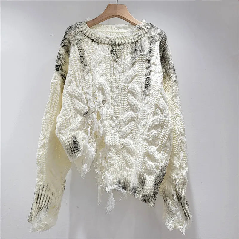 DEAT Women's Knitted Pullover Loose Broken Holes Split Irregular Long Sleeve O-neck Sweaters 2025 New Fashion Autumn 29A2892