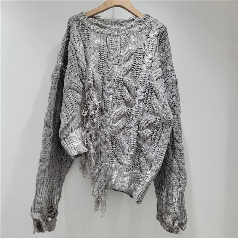 DEAT Women's Knitted Pullover Loose Broken Holes Split Irregular Long Sleeve O-neck Sweaters 2025 New Fashion Autumn 29A2892