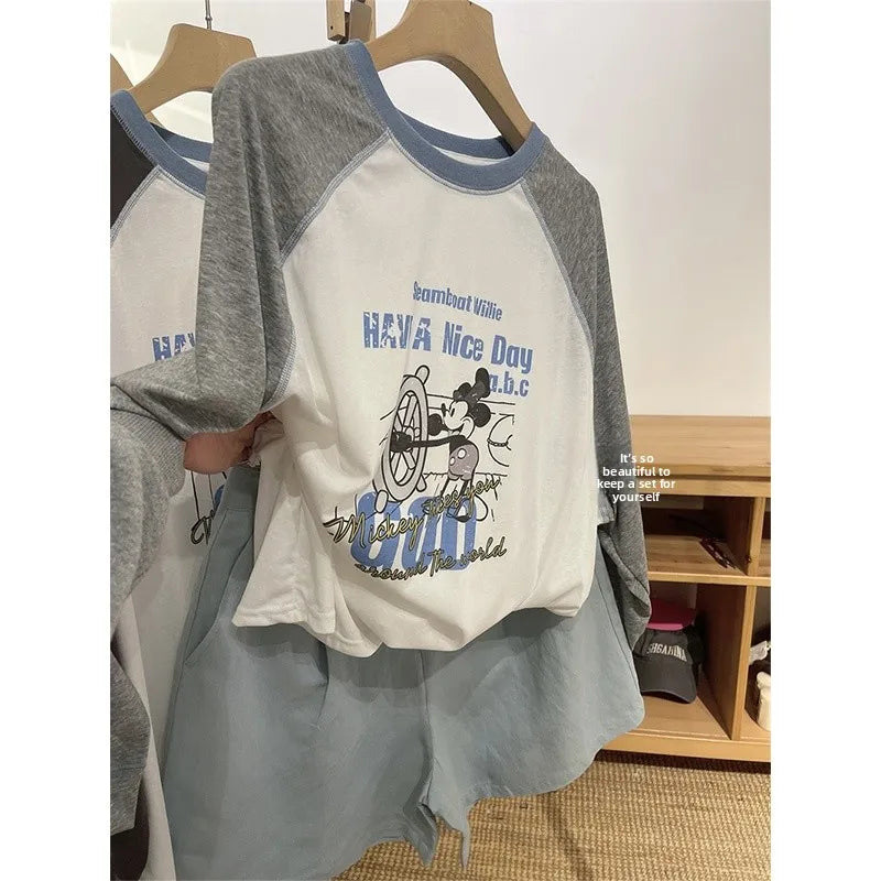 Summer Lightweight Long Sve T-irt Women's Snowflake Cotton Printed Casual Loose Fit round Ne Cartoon Design Top