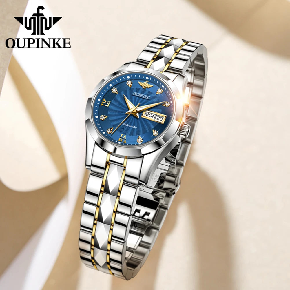 OUPINKE 3169 Women's Mechanical Watch Set Diamond Scale Whirlwind Dial Japan Movement Automatic Wristwatch Elegant Ladies Watch