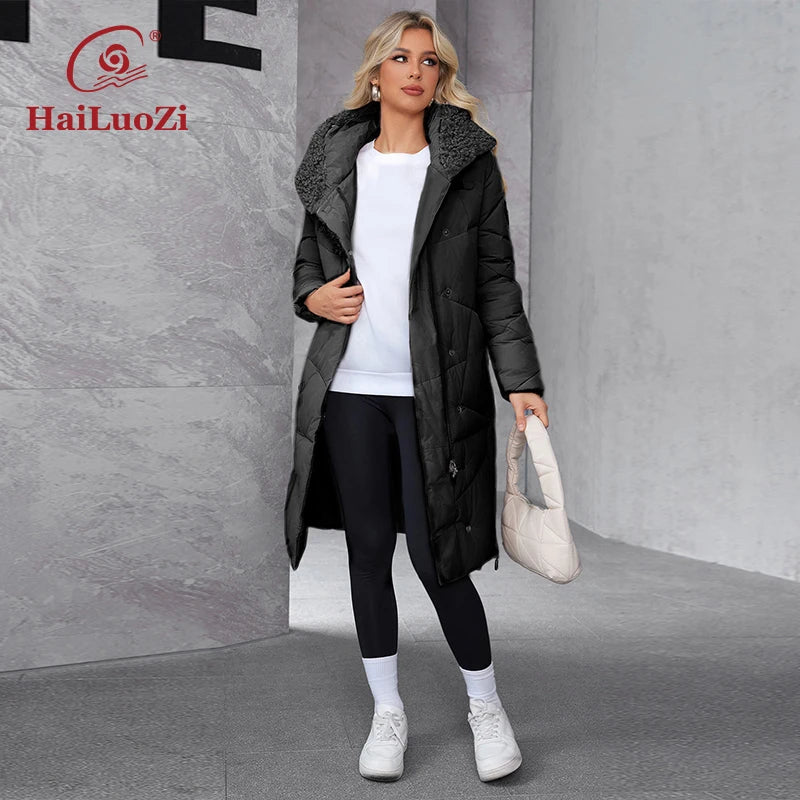 Hailuozi 2024 New Winter Women's winter jacket with large pocket hooded sheepskin classic fashion women's coat 51
