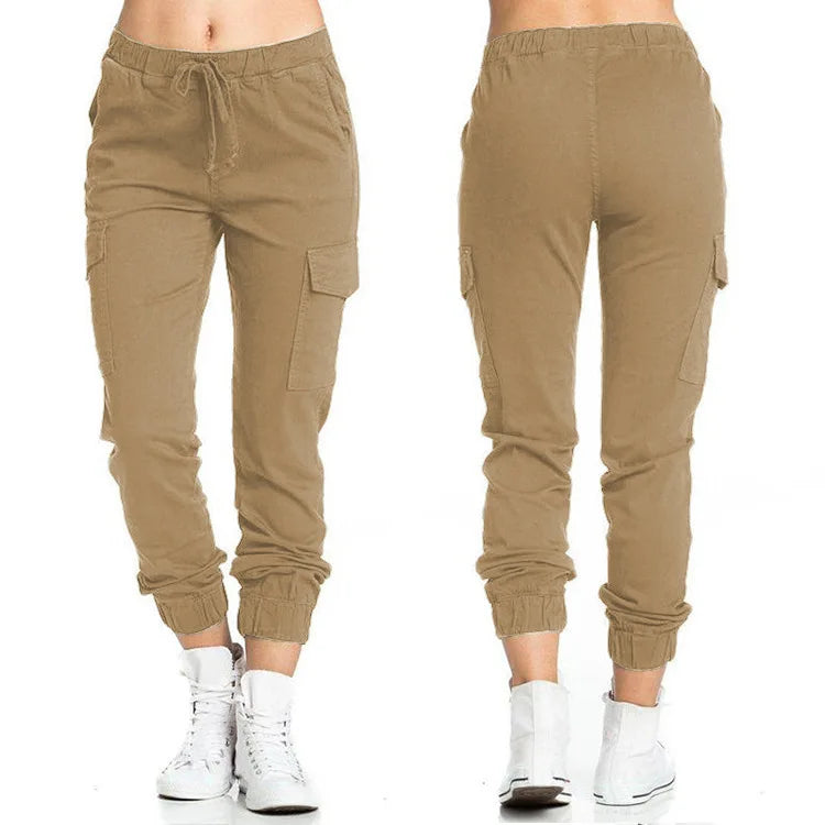 New Solid Jogger Women's Cargo Pants Multi-Pocket Drawstring Elastic Waist Women Sports Pants Streetwear Casual Long Pant