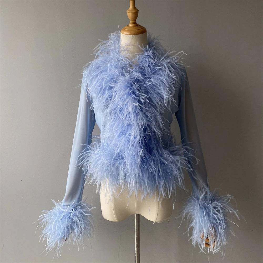 Jxwatcher Women's Sexy Mesh Feather Tops Spring Summer Ladies Vintage Celebrity Real Ostrich Feather Coat Fashion Party Wear New