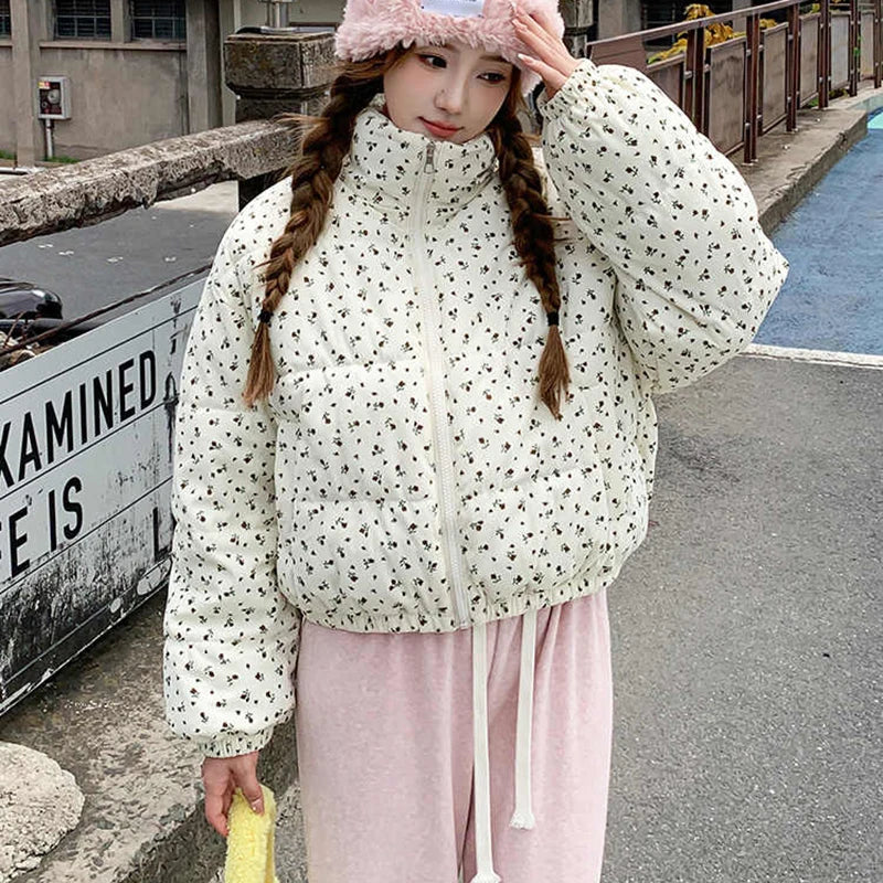 Fashionable Women Floral Cotton Coats Winter Korean Style Stand Collar Full Sleeve Tops Cute Warm Female Short Jackets