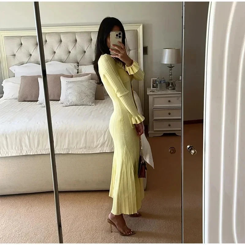 Winter Knitted Dress Women 2025 New Long Sleelve Ruffles Single Breasted Long Dresses Female Party Fashion Sweater Vestidos