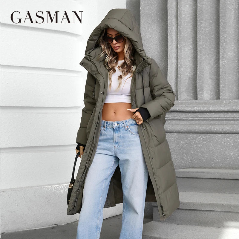 GASMAN 2024 Women's jacket long Fashion Grace women winter down jackets Zipper pocket with belt parka high quality outwear 88602