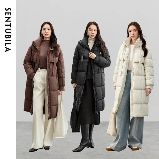 SENTUBILA Women's Long Parkas 2025 Winter Padding Coat Oversized Stand Neck Hooded Zipper Warm Outerwear Woman Clothes W44M58169