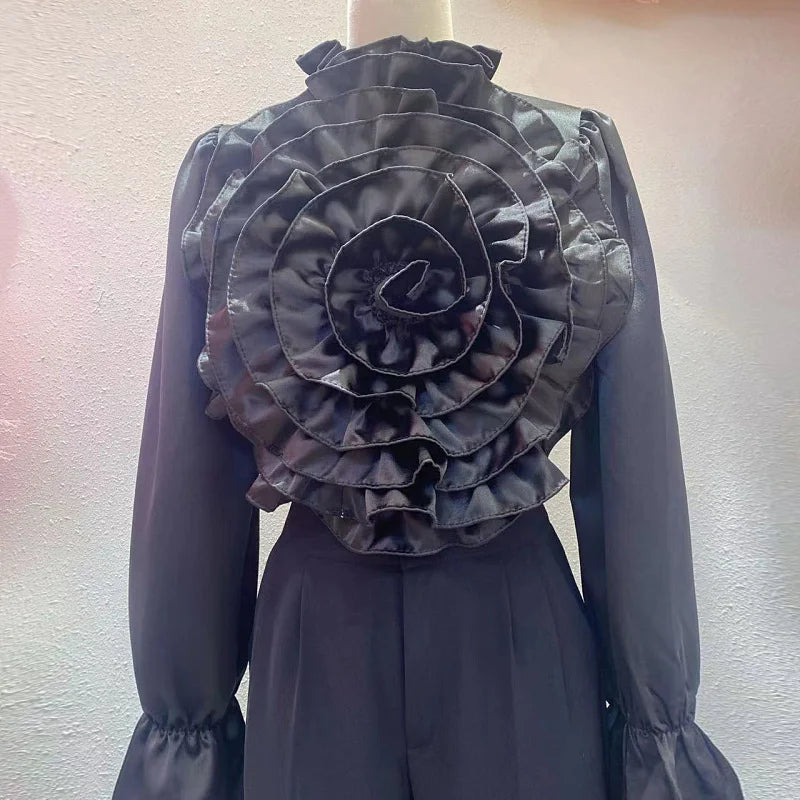 Light Luxury Socialite Style High-Grade Three-Dimensional Flower Solid Color Shirt 2024 Spring New Fashion All-Match Silk Blouse