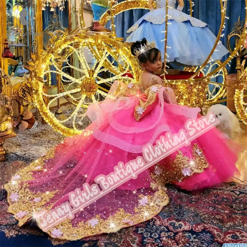 Rose Pink Girl Party Long Dresses Gold Appliqued Wedding 2025 Customized Birthday Pageant Feast Events Dress