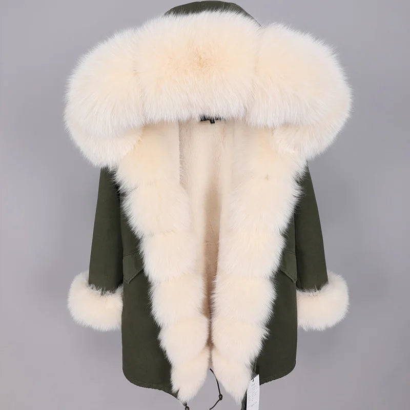 Maomaokong Winter Women Luxur Beige Fur Coat Natural Real Fox Fur Waterproof Jacket Hooded Thick Warm Fashion Long Black Parkas