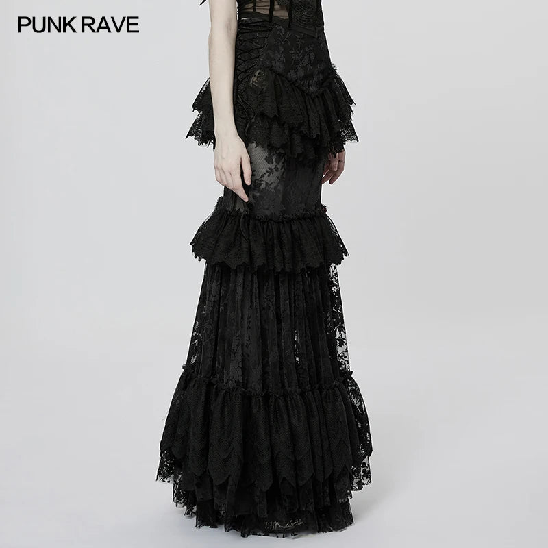 PUNK RAVE Women's Gothic Perspective Gorgeous Lace Skirt Side Velvet Drawcord Design Fashion Personality Long Skirts Women