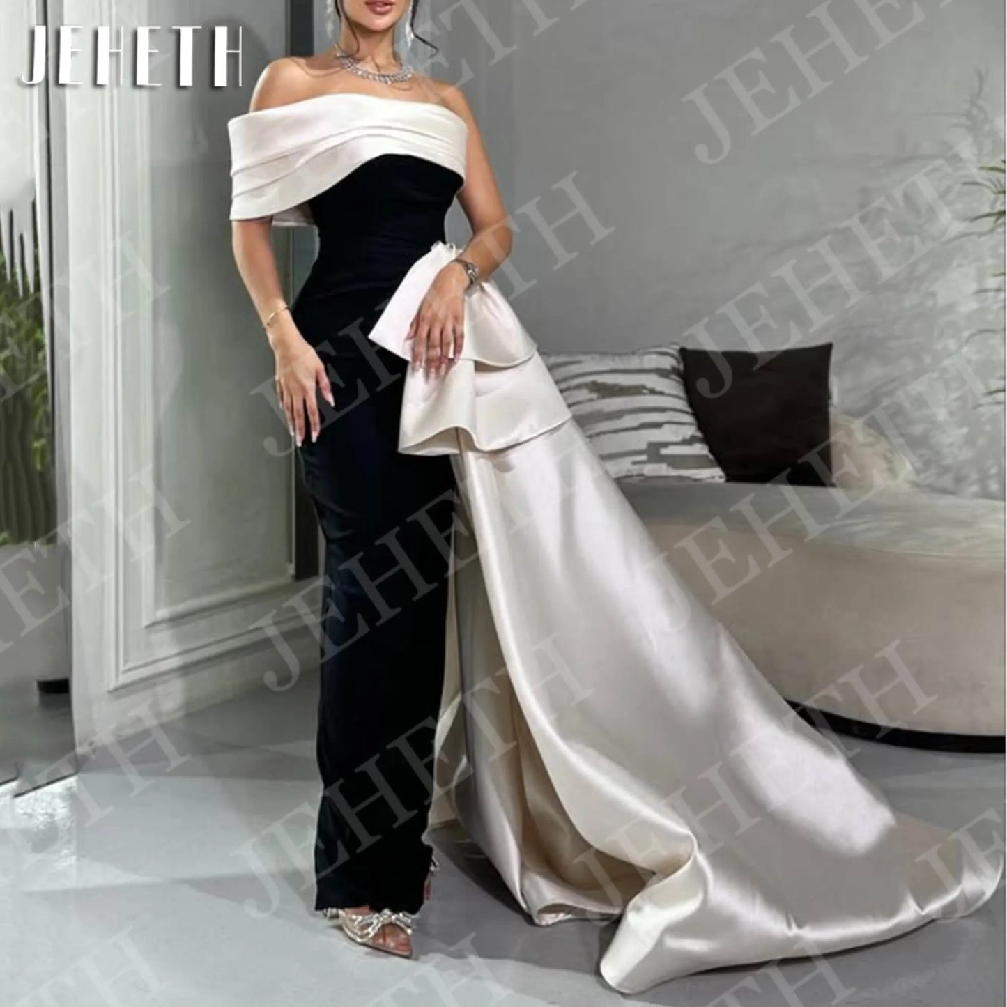 JEHETH Black and White Evening Dress Formal Elegant Saudi Arabia One Shoulder Mermaid Party Dresses Women Customized فساتين سهرة
