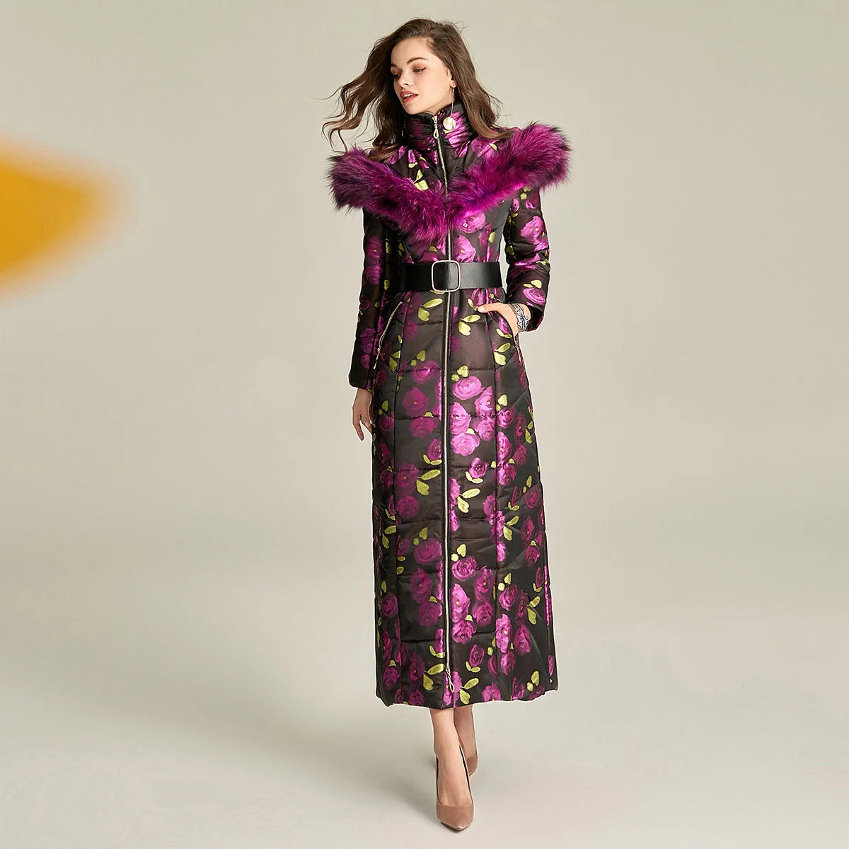 England Style Women Winter Fur Hooded Coat Zipper Long Sleeve Jacquard Parkas Space Cotton Floral Thick Coat Jacket Vintage