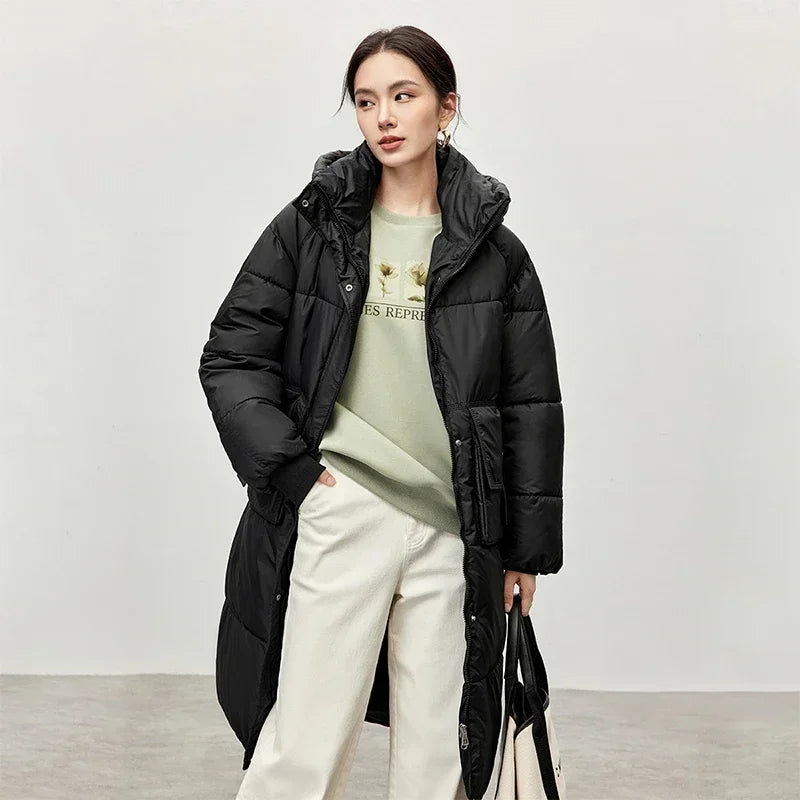 SENTUBILA Straight Hooded Parkas Women Winter 2025 Thick Solid Oversized Cotton Coat Casual Mid-length Outwear Female W44M57388