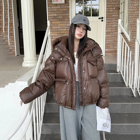 Winter White Duck Down Hooded Parker Outwear Coat Women Big Pocket Solid Loose Down Jacket New Female Warm Zipper Quilted Jacket