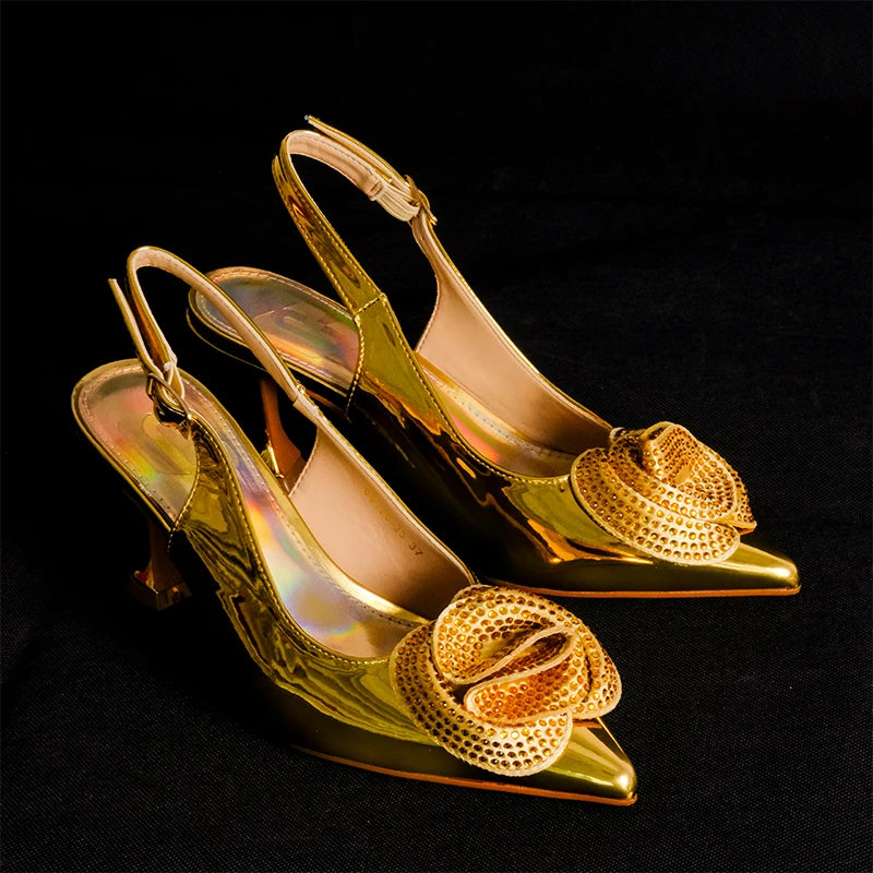 2024 Fashionable Designed Gold Elegant Shoe Bag Bright Banquet African Women's tie Pointed Toe High Heels Shoes Wedding Party